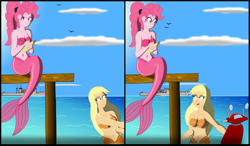 Size: 3831x2236 | Tagged: safe, artist:physicrodrigo, part of a series, part of a set, applejack, pinkie pie, bird, mermaid, series:equestria mermaids, equestria girls, 2 panel comic, applerack, battleship, belly button, boat, breasts, cleavage, cloud, dragging, duo, duo female, female, frown, hatless, high res, looking at each other, loose hair, mermaidized, mexico, midriff, military, missing accessory, moped, navy, ocean, open mouth, paper, pen, pier, pinkie pies, ponytail, scooter, seashell bra, ship, sitting, smiling, species swap, story included, writing