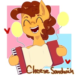 Size: 1280x1280 | Tagged: safe, artist:nocturne1113, cheese sandwich, earth pony, pony, abstract background, accordion, balloon, cute, diacheeses, eyes closed, heart, male, musical instrument, open mouth, solo, stallion