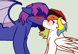 Size: 629x438 | Tagged: safe, artist:florfru, oc, oc only, oc:bitmaker, oc:rainbow harmony, bat pony, dracony, hybrid, pegasus, pony, blushing, cute, eyes open, female, kissing, male, rainbow hair, shipping, straight