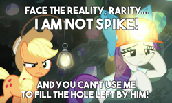 Size: 602x360 | Tagged: safe, derpibooru import, edit, edited screencap, screencap, applejack, rarity, earth pony, pony, unicorn, dragon dropped, helmet, implied spike, mining helmet