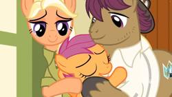 Size: 1745x982 | Tagged: safe, screencap, mane allgood, scootaloo, snap shutter, earth pony, pegasus, pony, the last crusade, discovery family logo, female, filly, hug, male, mare, scootaloo's parents, scootalove, stallion