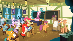 Size: 1745x982 | Tagged: safe, screencap, apple bloom, cheerilee, diamond tiara, mane allgood, scootaloo, shady daze, silver spoon, snails, snap shutter, snips, sweetie belle, twist, earth pony, pegasus, pony, unicorn, the last crusade, book, chalkboard, colt, cutie mark crusaders, desk, discovery family logo, globe, male, microscope, school, scootaloo's parents