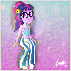 Size: 1536x1536 | Tagged: safe, artist:artmlpk, sci-twi, twilight sparkle, equestria girls, aesthetics, belly button, blue underwear, boots, bra, camisole, clothes, crop top bra, cute, female, flower, shoes, solo, twiabetes, underwear