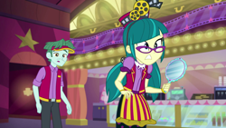 Size: 1920x1080 | Tagged: safe, screencap, brim marco, juniper montage, equestria girls, mirror magic, spoiler:eqg specials, clothes, female, glasses, male, mirror, pants