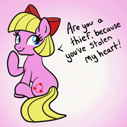 Size: 2100x2100 | Tagged: safe, artist:sjart117, oc, oc only, oc:tender sweet, oc:zabu, pony, bad pickup line, bow, commission, female, gradient background, hair bow, looking back, mare, pickup lines, raised hoof, silly, smiling, solo, speech