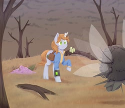 Size: 2511x2160 | Tagged: safe, artist:djkaskan, oc, oc only, oc:littlepip, oc:watcher, pony, robot, unicorn, fallout equestria, apple, clothes, cloud, cloudy, cutie mark, dead tree, fanfic, fanfic art, female, food, glowing horn, hooves, horn, levitation, magic, mare, pipbuck, raised hoof, saddle bag, spritebot, telekinesis, tree, vault suit