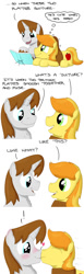 Size: 428x1386 | Tagged: safe, artist:hoofclid, braeburn, oc, oc:hoofclid, pony, blushing, book, canon x oc, cute, gay, heart, kissing, male, science, smooch, thought bubble, weapons-grade cute