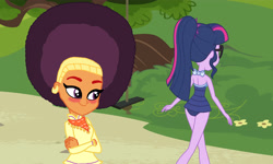 Size: 4500x2700 | Tagged: safe, artist:bigpurplemuppet99, artist:ilovemlp18, artist:kooner-cz, saffron masala, sci-twi, twilight sparkle, better together, equestria girls, afro, blushing, clothes, female, lesbian, shipping, swimsuit, twiffron