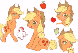 Size: 1049x709 | Tagged: safe, artist:yakieringi014, derpibooru import, applejack, bird, chicken, earth pony, pony, apple, blushing, female, food, mare, simple background, white background