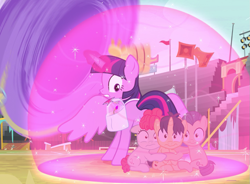 Size: 957x703 | Tagged: safe, screencap, ballet jubilee, green sprout, twilight sparkle, twilight sparkle (alicorn), waltzer, alicorn, pony, growing up is hard to do, colt, female, filly, foal, force field, male, saddle bag