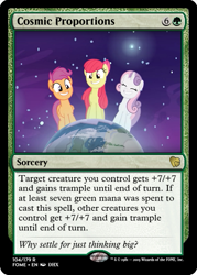 Size: 375x523 | Tagged: safe, edit, edited screencap, screencap, apple bloom, scootaloo, sweetie belle, pony, growing up is hard to do, being big is all it takes, ccg, female, magic the gathering, mare, older, older apple bloom, older cmc, older scootaloo, older sweetie belle, planet, pony bigger than a planet, space, stars, trading card, trading card edit