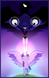 Size: 2895x4550 | Tagged: safe, artist:prs3245, twilight sparkle, twilight sparkle (alicorn), alicorn, bird, pony, raven (bird), death battle, eyes closed, female, glowing hands, mare, raven (teen titans), spread wings, teen titans, voice actor joke, wings