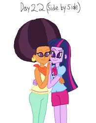 Size: 2000x2550 | Tagged: safe, artist:bigpurplemuppet99, saffron masala, twilight sparkle, equestria girls, 30 day otp challenge, afro, equestria girls-ified, female, lesbian, shipping, side by side, twiffron