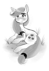 Size: 1348x1953 | Tagged: safe, artist:enookie, derpibooru import, applejack, earth pony, pony, blushing, monochrome, simple background, sitting, sketch, solo, white background