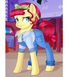 Size: 1256x1406 | Tagged: safe, artist:doraair, torque wrench, earth pony, pony, rainbow roadtrip, atorqueable, clothes, cute, ear fluff, female, mare, overalls, shirt, solo