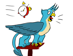 Size: 1300x1000 | Tagged: safe, artist:horsesplease, gallus, alarm clock, behaving like a bird, behaving like a rooster, catbird, clock, crowing, derp, gallus the rooster, griffons doing bird things, majestic as fuck, male, perching, smiling, stupid