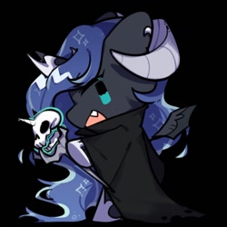 Size: 1000x1000 | Tagged: safe, artist:snowillusory, nightmare moon, alicorn, black background, chibi, female, horns, mare, simple background, skull, solo