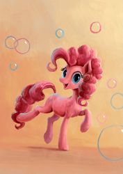 Size: 965x1364 | Tagged: safe, artist:plainoasis, derpibooru import, pinkie pie, earth pony, pony, bubble, ear piercing, earring, female, happy, jewelry, looking at you, mare, piercing, raised hoof, smiling, solo