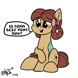 Size: 2000x2000 | Tagged: safe, artist:binkyt11, yona, pony, she's all yak, best pony, bow, cute, female, mare, ponified, pony yona, simple background, solo, species swap, speech bubble, white background, yonadorable