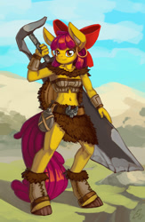 Size: 783x1200 | Tagged: safe, artist:lexx2dot0, apple bloom, anthro, unguligrade anthro, barbarian, belly button, canteen, clothes, ear piercing, earring, female, fur, jewelry, midriff, older, older apple bloom, piercing, smiling, solo, sword, tube top, weapon