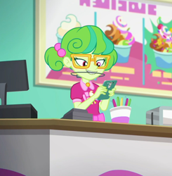Size: 868x884 | Tagged: safe, screencap, stella sprinkles, equestria girls, equestria girls series, tip toppings, tip toppings: twilight sparkle, spoiler:eqg series (season 2), adorkable, braces, cash register, cashier, cellphone, cropped, cute, dork, female, froyo, frozen yogurt, frozen yogurt shop, glasses, orthodontic headgear, phone, pigtails, sign, smartphone, smiling, twintails