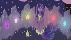 Size: 2048x1152 | Tagged: safe, princess twilight 2.0, twilight sparkle, twilight sparkle (alicorn), alicorn, pony, the last problem, dead, element of generosity, element of honesty, element of kindness, element of laughter, element of loyalty, element of magic, elements of harmony, eye glow, glowing eyes, grave, graveyard, immortality blues, implied death, sad, ultimate twilight