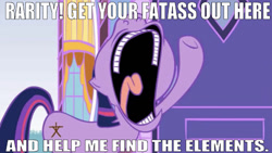 Size: 666x375 | Tagged: safe, artist:hotdiggedydemon, edit, edited screencap, editor:undeadponysoldier, screencap, twilight sparkle, unicorn, .mov, alternate cutie mark, caption, dress.mov, female, get your fat ass out here, image macro, implied elements of harmony, implied rarity, knocking on door, mare, meme, open mouth, solo, teeth, text, tongue out, vulgar, window, yelling