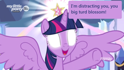 Size: 1366x768 | Tagged: safe, edit, edited screencap, screencap, twilight sparkle, twilight sparkle (alicorn), alicorn, pony, the beginning of the end, big crown thingy, dialogue, discovery family logo, element of magic, glow, glowing eyes, guardians of the galaxy, jewelry, movie reference, reference, regalia, white eyes