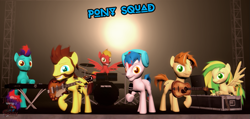 Size: 1031x492 | Tagged: safe, artist:sky chaser, oc, oc only, oc:acousticbrony, oc:edu, oc:mandopony, oc:sky chaser, oc:the living tombstone, oc:wooden toaster, pony, 3d, band, beard, drums, facial hair, group, guitar, headphones, microphone, pony adventure, source filmmaker