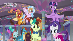 Size: 1280x720 | Tagged: safe, derpibooru import, screencap, gallus, ocellus, rarity, sandbar, silverstream, smolder, twilight sparkle, twilight sparkle (alicorn), alicorn, pony, unicorn, she's all yak, alternate hairstyle, bowtie, clothes, dress, messy, school of friendship