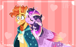 Size: 773x477 | Tagged: safe, artist:wanderingpegasus, sunburst, twilight sparkle, twilight sparkle (alicorn), alicorn, pony, unicorn, blushing, female, kiss on the cheek, kissing, male, shipping, straight, twiburst