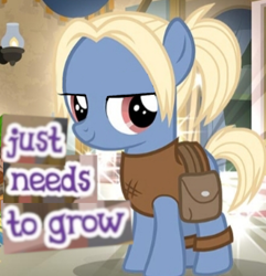 Size: 331x344 | Tagged: safe, edit, edited screencap, screencap, gentiana, pony, bedroom eyes, female, filly, gameloft, implied foalcon, lidded eyes, meme, saddle bag, solo, wow! glimmer