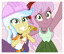 Size: 7423x6291 | Tagged: safe, artist:punzil504, ambrosia, cindy block, raspberry lilac, better together, equestria girls, holidays unwrapped, armpits, background human, clothes, cute, cutie mark on clothes, duo, duo female, equestria girls-ified, female, hammer, hard hat, selfie, sleeveless, tanktop