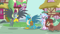 Size: 1280x720 | Tagged: safe, screencap, gabby, gallus, silverstream, spike, yona, dragon, griffon, hippogriff, yak, dragon dropped, chest fluff, claws, cute, diastreamies, female, flying, jewelry, necklace, paws, ponyville, saddle bag, tail, winged spike, wings, yonadorable