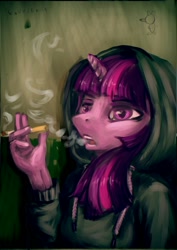 Size: 1000x1414 | Tagged: safe, artist:kovoranu, twilight sparkle, anthro, cigarette, clothes, female, hoodie, smoke, solo