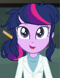 Size: 790x1024 | Tagged: safe, edit, edited screencap, screencap, sci-twi, twilight sparkle, equestria girls, rainbow rocks, adorkable, clothes, cute, dork, lab coat, looking at you, messy hair, missing accessory, no glasses, pencil, smiling, solo, twiabetes
