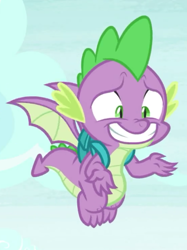 Size: 370x494 | Tagged: safe, screencap, spike, dragon, dragon dropped, awkward smile, backpack, claws, cropped, flying, male, reaction image, shrug, smiling, solo, toes, winged spike, wings