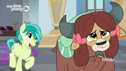 Size: 1280x720 | Tagged: safe, screencap, sandbar, yona, earth pony, pony, yak, she's all yak, bow, cloven hooves, cute, duo, female, hair bow, male, monkey swings, nervous grin, sandabetes, teenager, yonadorable