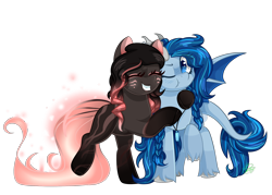 Size: 2800x2000 | Tagged: safe, artist:redheartponiesfan, oc, oc only, oc:polaris heart, oc:tainted kiss, bat pony, pony, female, horns, hug, mare, simple background, transparent background