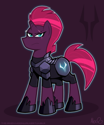 Size: 400x481 | Tagged: safe, artist:the-irken-moonwalker, tempest shadow, pony, unicorn, armor, broken horn, eye scar, female, frown, hoof shoes, horn, looking at you, mare, purple background, scar, simple background, solo