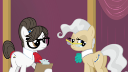 Size: 1280x720 | Tagged: safe, screencap, mayor mare, writing desk, earth pony, pony, filli vanilli, clipboard, female, glasses, lidded eyes, looking back, mare, plot