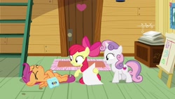 Size: 1920x1080 | Tagged: safe, screencap, apple bloom, scootaloo, sweetie belle, pony, growing up is hard to do, clubhouse, crusaders clubhouse, cutie mark crusaders, ladder, on back, saddle bag