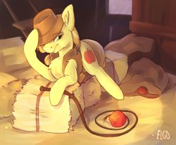 Size: 2796x2304 | Tagged: safe, artist:ecolinegd, braeburn, earth pony, pony, apple, barn, chest fluff, cowboy hat, crepuscular rays, food, hat, hay bale, looking at you, male, sack, solo, stallion