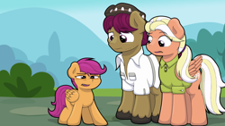 Size: 1280x720 | Tagged: safe, artist:ljdamz1119, mane allgood, scootaloo, snap shutter, earth pony, pegasus, pony, the last crusade, clothes, family, father and child, father and daughter, female, filly, funny, funny as hell, hat, male, mare, meme, monsters inc., mother and child, mother and daughter, open mouth, parent and child, ponified meme, scene interpretation, shirt, stallion, unshorn fetlocks