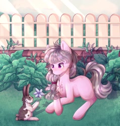 Size: 1280x1344 | Tagged: safe, artist:sketchyhowl, oc, oc:sweet tune, earth pony, pony, rabbit, animal, female, flower, mare, prone, solo