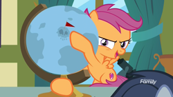 Size: 1920x1080 | Tagged: safe, screencap, scootaloo, shady daze, pegasus, pony, the last crusade, discovery family logo, female, filly, globe, microscope, narrowed eyes, pointing, skull, solo focus