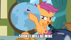 Size: 888x499 | Tagged: safe, edit, edited screencap, screencap, scootaloo, shady daze, pegasus, pony, the last crusade, caption, discovery family logo, female, filly, globe, image macro, meme, microscope, narrowed eyes, pointing, skull, solo focus, text