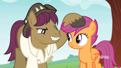 Size: 1920x1080 | Tagged: safe, screencap, scootaloo, snap shutter, earth pony, pegasus, pony, the last crusade, clothes, cute, discovery family logo, eye contact, father and child, father and daughter, female, filly, gritted teeth, hoof on head, like father like daughter, looking at each other, male, narrowed eyes, parent and child, shirt, smiling, stallion