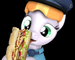 Size: 1350x1080 | Tagged: safe, artist:spinostud, copper top, pony, 3d, clothes, female, food, hat, licking, mare, police, police officer, police pony, sandwich, solo, source filmmaker, tongue out