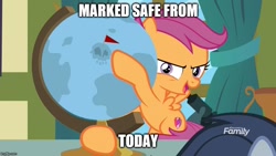 Size: 888x500 | Tagged: safe, edit, edited screencap, screencap, scootaloo, the last crusade, caption, discovery family logo, globe, image macro, meme, solo, text